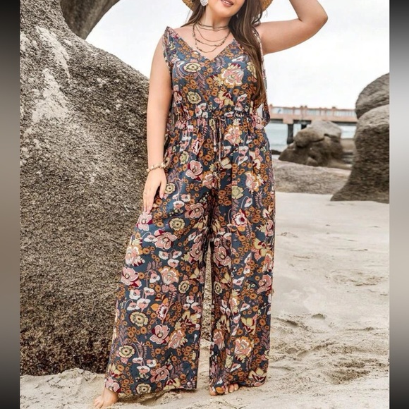 Plus Size Boho Floral Print Tie Shoulder Wide Leg Palazzo Pants Jumpsuit - Picture 4 of 4